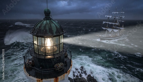 Dramatic lighthouse beacon shining on vintage sailing ship, stormy ocean waves at night, maritime safety and navigation concept