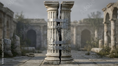 Marble pillar split in half and held together by strips of silver duct tape symbolizing fragile foundations and temporary solutions to big problems