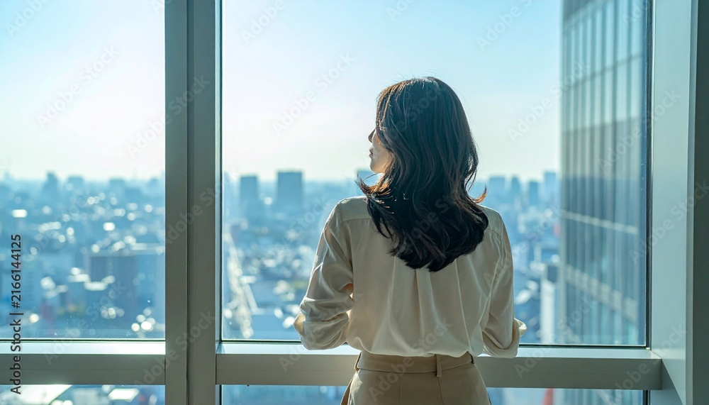 Fototapeta premium オフィスで窓の外を見る女性会社員 