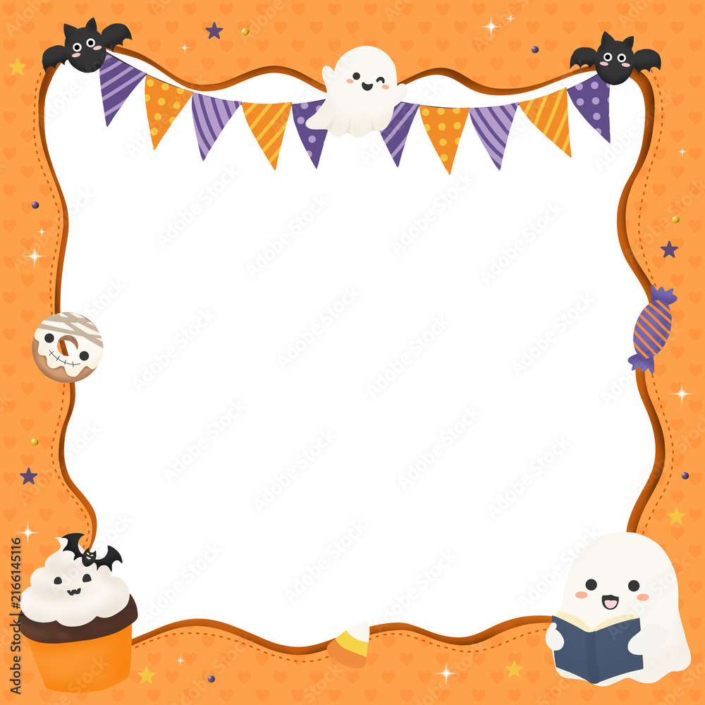 Fototapeta premium Festive Halloween Frame with Party Buntings, Bats, and Reading Ghost. Ideal for Halloween parties, school events, or fun announcements.