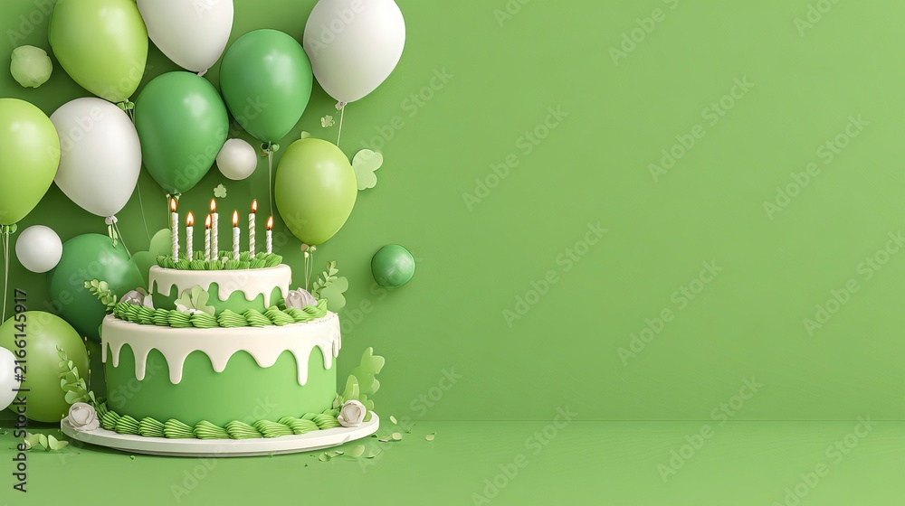 Naklejka premium 3d green and white birthday cake with candles and balloons