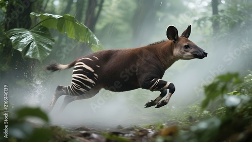Plakat Close Up Rare Okapi Springing Through Misty Congo Rainforest