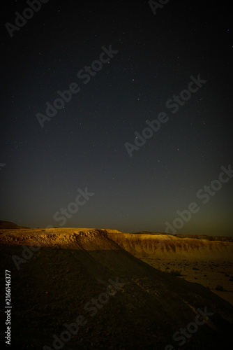 Long exposure night sky filled with stars over the desert landscape of Tzukim in the Arava, Israel, showcasing the pristine beauty of the Negev desert under a clear starry sky