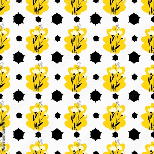 set of flowers Modern seamless pattern featuring hand drawn white flowers on yellow blobs with black geometric stars on white background