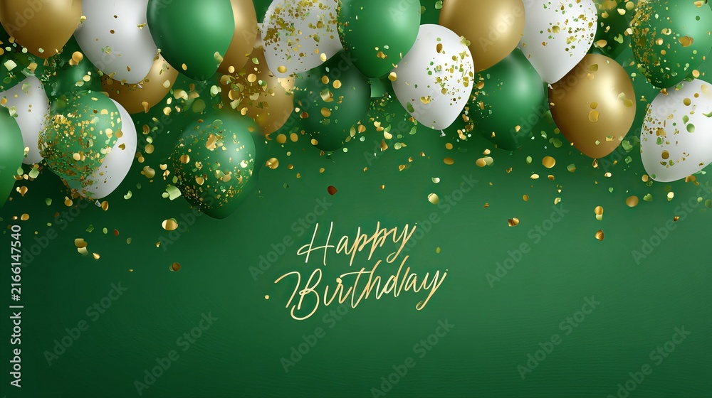 Naklejka premium Elegant green birthday celebration with golden white balloons and confetti