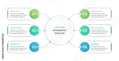 Fotografie Six step radial diagram infographic template featuring a central circle connecte