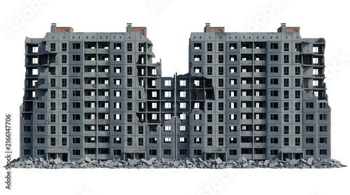 戦争や災害によって破壊されたコンクリート製の集合住宅の廃墟、瓦礫が散乱する崩壊した高層アパートの建物、白い背景に切り抜かれた孤立した建築物、都市の荒廃と紛争の惨禍を象徴するイメージ