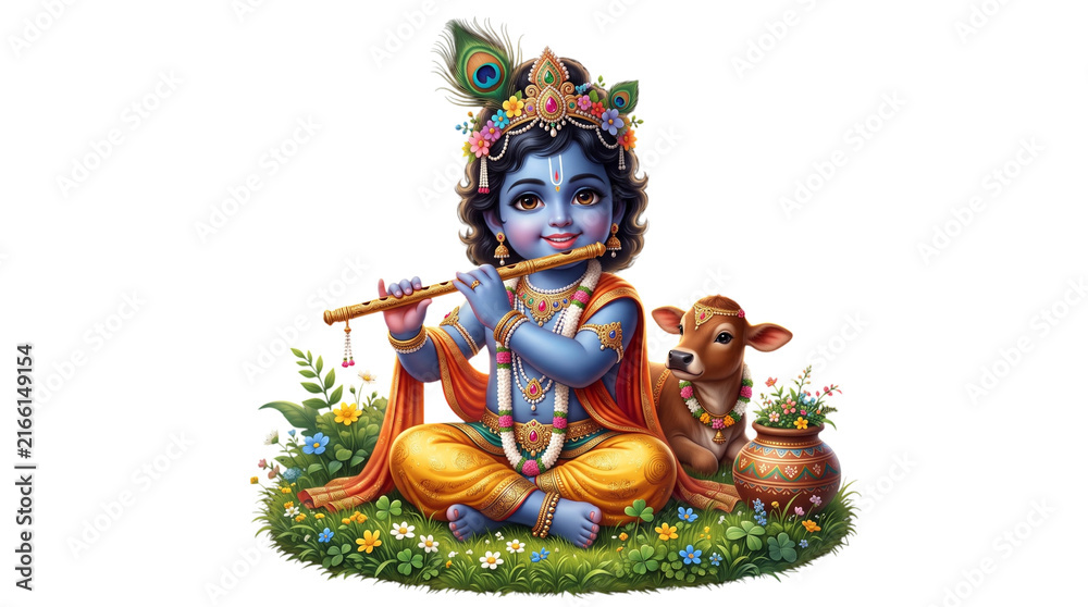 Fototapeta premium Cute baby krishna playing flute with a calf isolated on transparent background