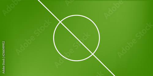 Diagonal view of a green soccer field center circle and halfway line, with a subtle grass texture background