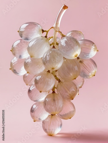 A luxurious cluster of grapes recreated from transparent inflatable plastic, dozens of rounded translucent grapes connected to delicate stems and leaves, realistic folds and air pockets on each fruit