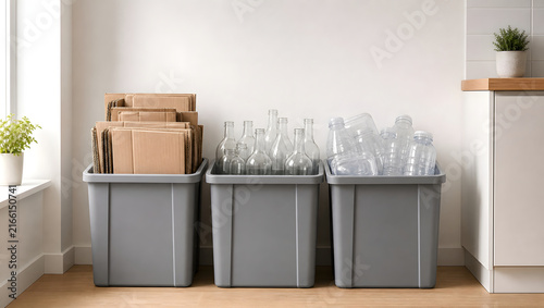 Home recycling bins sorted with paper glass and plastic waste
