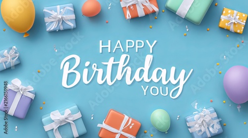 Happy birthday celebration banner with gifts and balloon decorations
