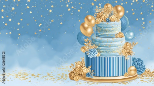 Blue and golden happy birthday cake invitation card banner