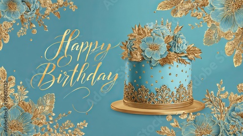 Blue and golden happy birthday cake invitation card banner