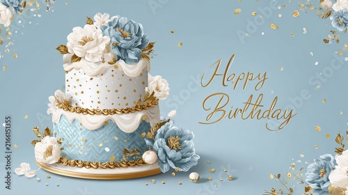 Blue and golden happy birthday cake invitation card banner