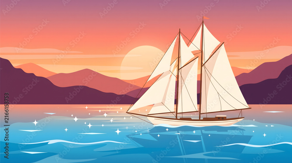 Naklejka premium Luxury Yacht and Sailing Boats Cruising Across the Ocean at Sunset Under a Beautiful Summer Sky