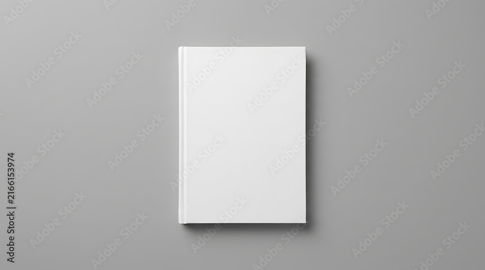 Fototapeta premium Blank White Book Cover on a Plain Gray Background with Subtle Shadowing for Design Mockups