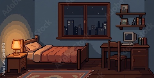 Pixel art cozy bedroom interior at night with city view