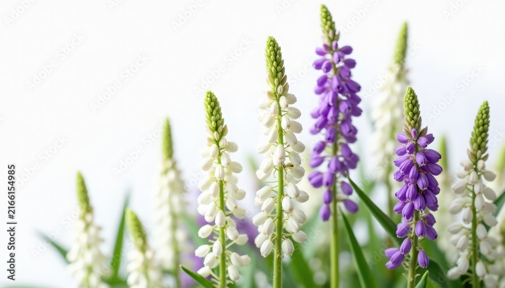 Fototapeta premium lupine flowers in soft white background, tall purple and white lupine flowers with vertical spires and green stems, close-up botanical composition, lupine flowers arranged with shallow depth of field,