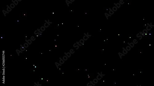 Seamless looping motion graphic of small colored pixel squares scattered across a black background, blinking and changing color like stars in a retro video game night sky.