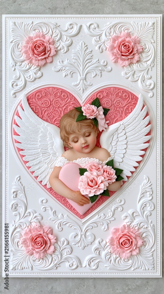 Fototapeta premium Cherub holding heart and roses on rococo relief