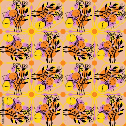 seamless floral pattern Aesthetic seamless floral pattern featuring hand drawn black botanical outlines with pink and purple flower washes on a peach background