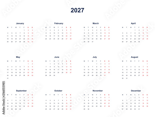 2027 calendar year grid, simple minimalist design with weeks starting on monday