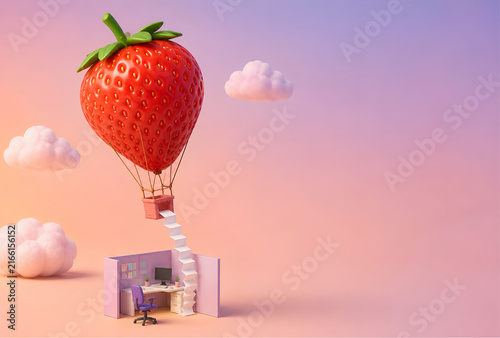 Strawberry hot air balloon carrying a miniature office cubicle
