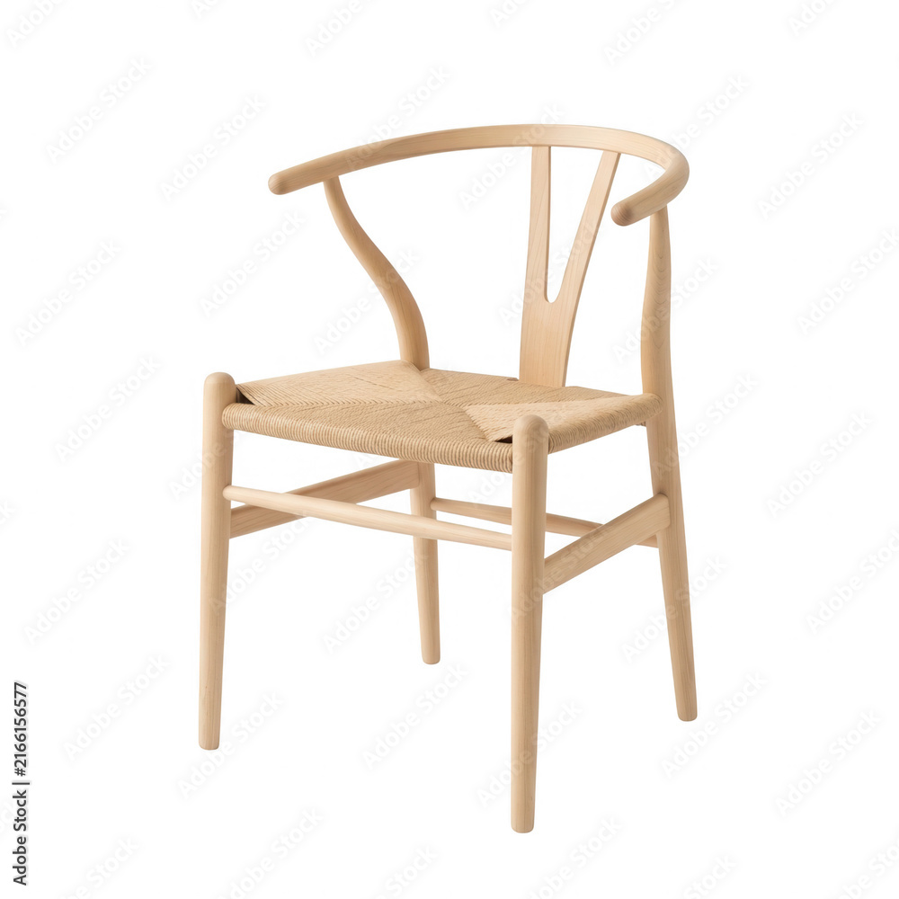 Fototapeta premium Eleganckie drewniane krzesło typu Wishbone z plecionym siedziskiem w stylu skandynawskim, wyizolowane na czystym białym tle, idealne do nowoczesnych aranżacji wnętrz i projektów meblowych.