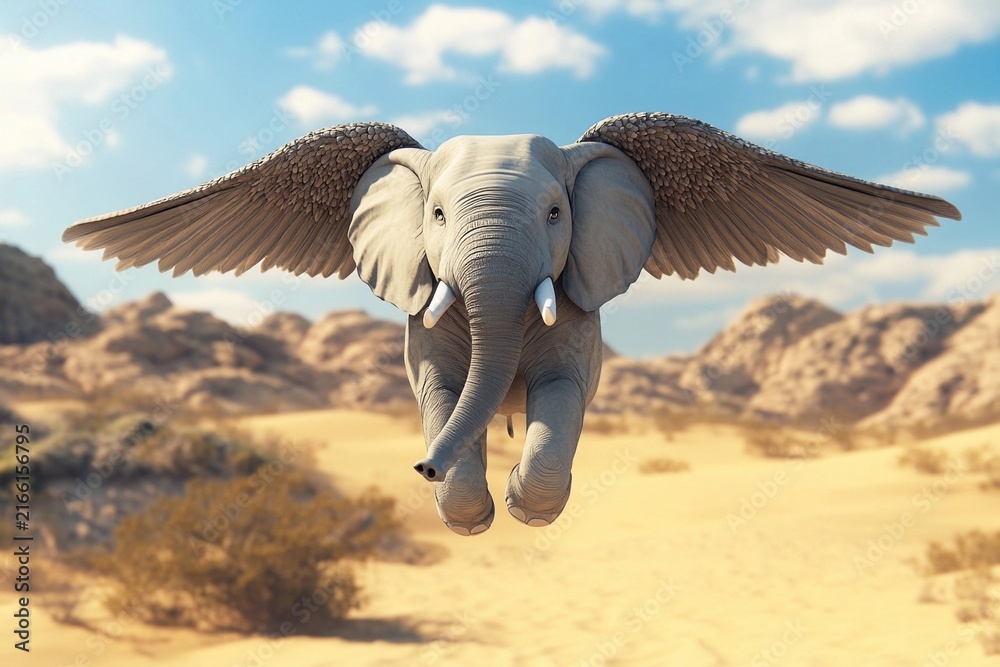 Naklejka premium Elephant with wings soaring above a vast, golden desert landscape in bright sunlight