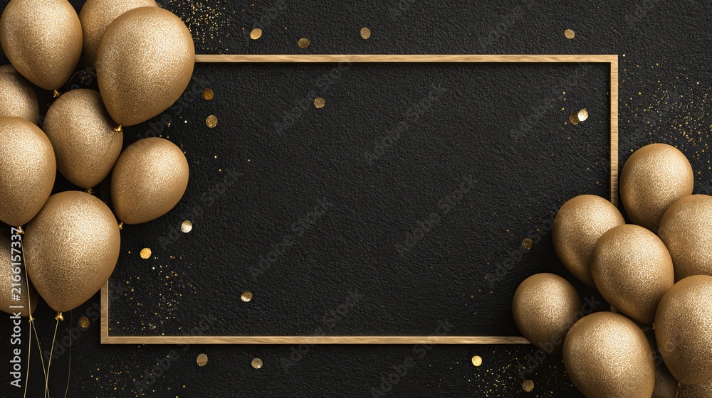 Naklejka premium Elegant gold frame with balloons and celebration decorations on black background 