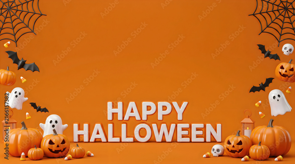 Fototapeta premium Happy Halloween Banner 3D Background with Pumpkins Ghosts Bats and Spiderwebs on Orange for Festive Social Media Post