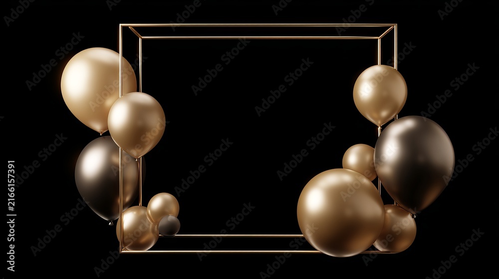 Naklejka premium Elegant gold frame with balloons and celebration decorations on black background 
