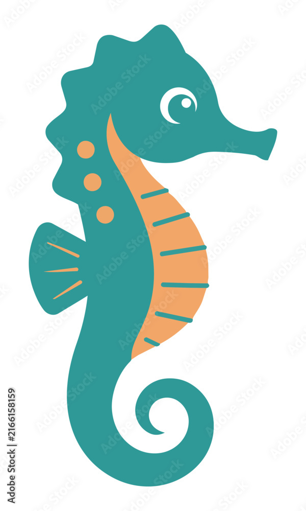 Fototapeta premium Minimalist teal and orange seahorse with a curled tail and friendly expression isolated on a white background. Marine life character concept
