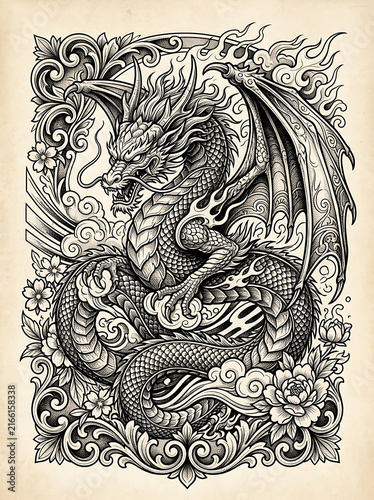 Intricate dragon tattoo illustration with ornate floral patterns and vintage ink style.