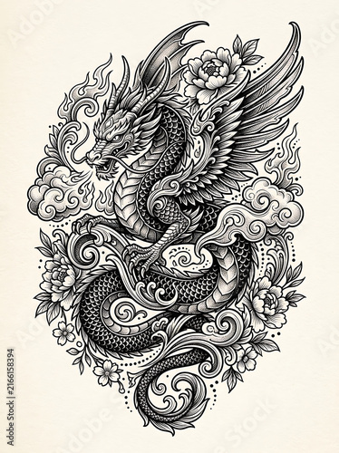 Detailed dragon tattoo illustration in black ink style with intricate scales and clouds