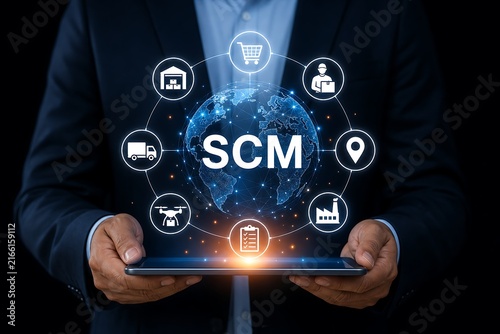 Businessperson interacting with glowing scm supply chain management hologram