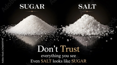 Piles of white sugar and coarse salt on black surface