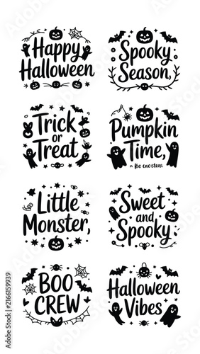 Set of black and white halloween themed calligraphy quotes and seasonal festive badge designs with spooky motifs