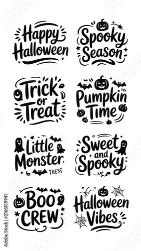 Set of eight monochrome handlettered halloween quotes with festive holiday decorative elements