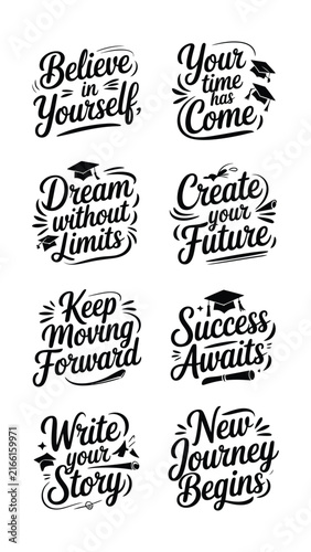 Set of inspirational graduation quotes and typography designs for educational celebration cards