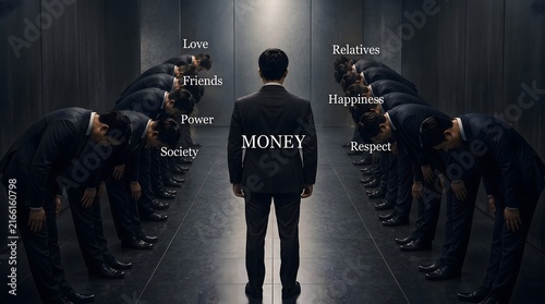 Businessman standing before bowing men labeled with societal concepts