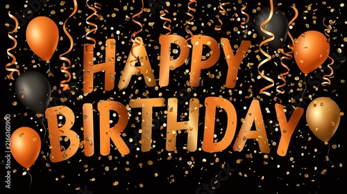 Happy birthday celebration with gold orange balloon and confetti