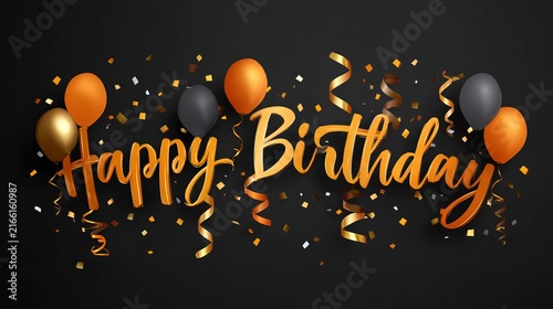 Happy birthday celebration with gold orange balloon and confetti