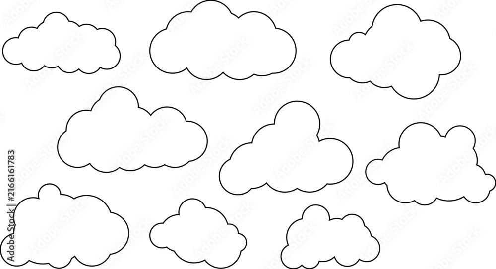 Obraz premium Set of simple black outline cloud vector illustrations isolated on a white background, perfect for weather icons, sky design elements, and cute cartoon nature graphics.
