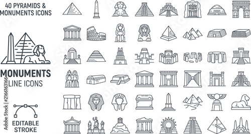 Ancient Monuments and Pyramids Line Icons Set