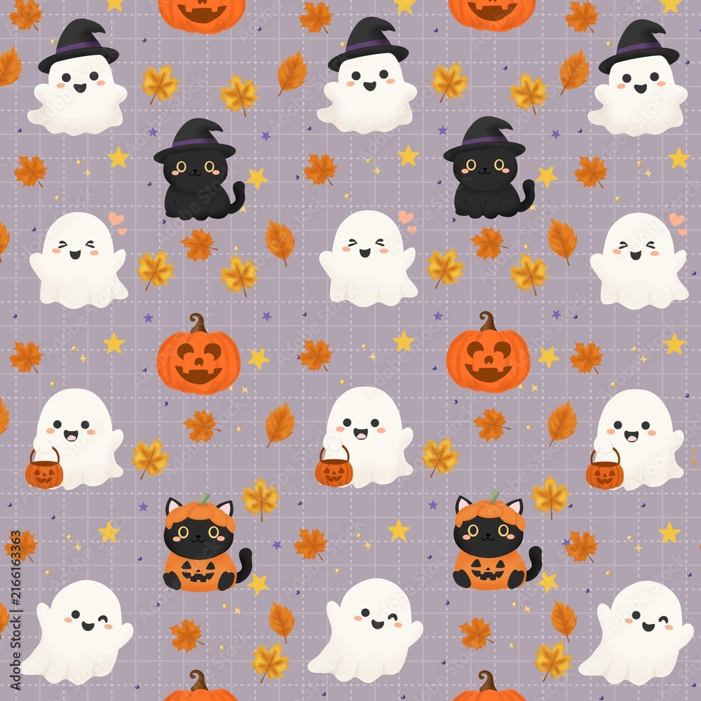 Fototapeta premium Cute Seamless pattern with adorable ghosts holding trick-or-treat buckets, black cats, jack-o'-lanterns, and fall leaves on a purple grid background. Ideal for autumn crafts, Halloween fabric.