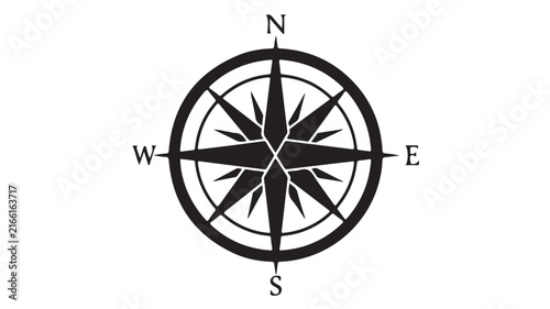 Minimalist black vector graphic design featuring a stylized nautical compass rose with directional cardinal points isolated on white background