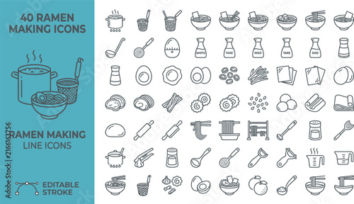 Ramen Making Process Line Icons Set