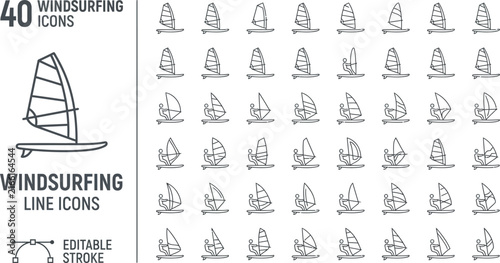 Windsurfing Line Icons Set Editable